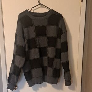 Black and Gray Crewneck Sweater with Checkered Pattern